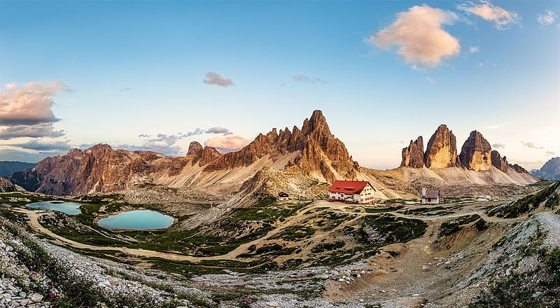 lake, italy, summer, dolomites, mountains, landscape, sunset, house, cabin, nature, HD wallpaper