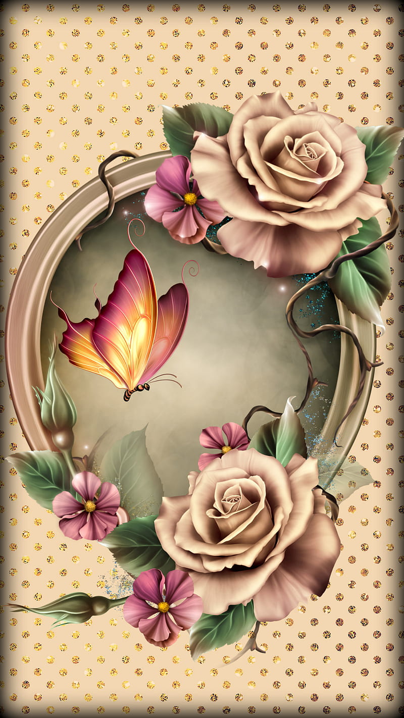 Vintage Roses, butterfly, designs, floral, love, pretty, romance, HD phone wallpaper