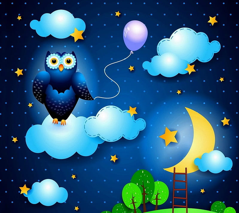 sowa w chmurach, cartoon, clouds, moonballoon, night, owl, stars, HD wallpaper