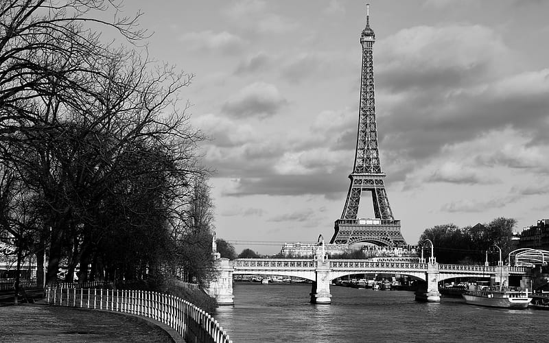 Paris, Eiffel Tower, monochrome, Paris cityscape, Seine river, France, HD wallpaper