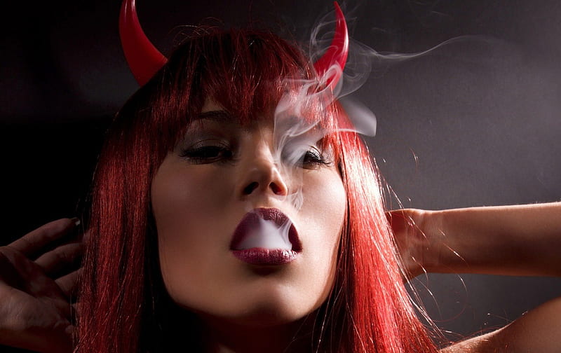 Smoking Devil, red, female, babe, model, head, smoking, hair, girl, hot, devil, HD wallpaper