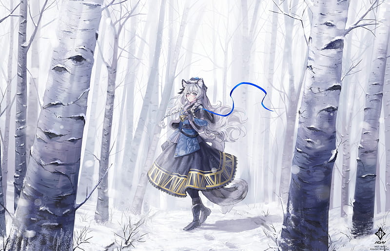 pramanix, arknights, gray hair, animal ears, forest, snow, trees, ribbons, Anime, HD wallpaper