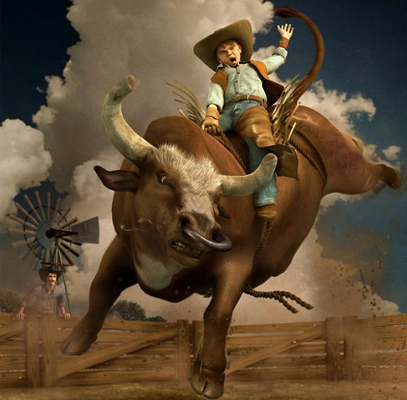 Young Rodeo, farm, fantasy, boy, rodeo, man, abstract, bull, HD wallpaper