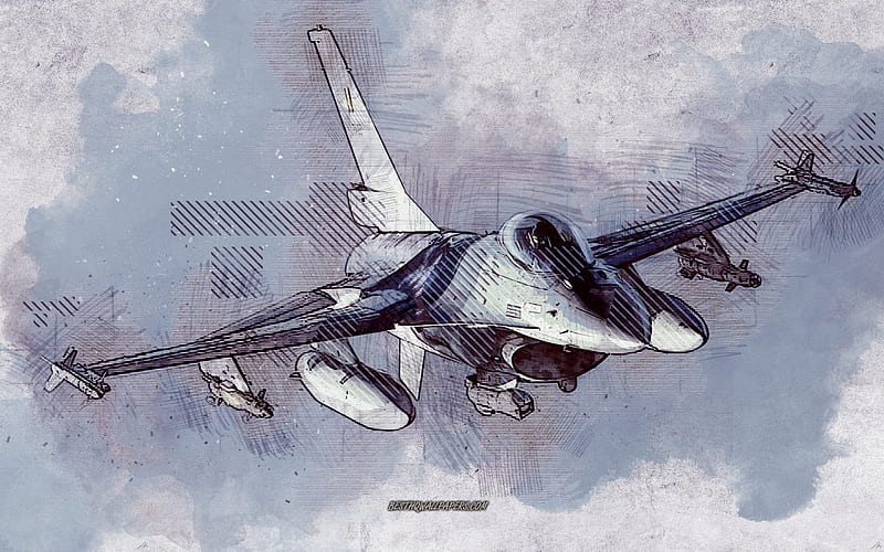 F-16, grunge art, creative art, painted F-16, drawing, F-16 abstraction, digital art, USAF, American fighter, F-16 grunge, General Dynamics F-16 Fighting Falcon, HD wallpaper
