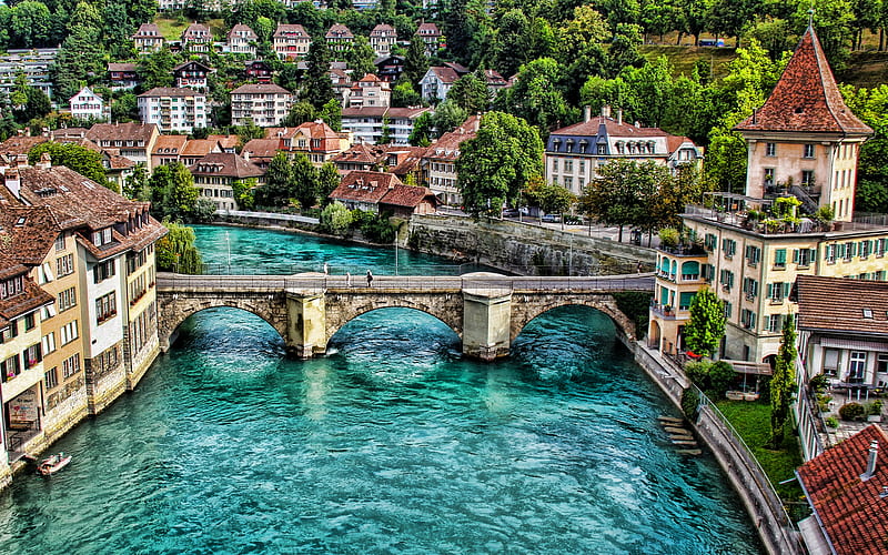 Bern, Kornhausbrucke, Aare, river, stone bridge, Bern landmark, Switzerland, HD wallpaper