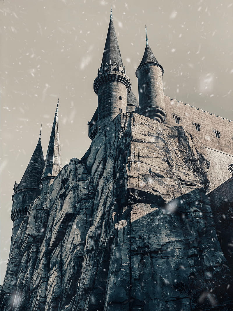 castle, towers, rock, snow, HD phone wallpaper