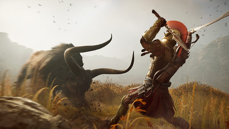 Assassin's Creed Odysey, assassins creed, odysey, fight, game, man, horns, armor, taur, fantasy, spear, bull, HD wallpaper