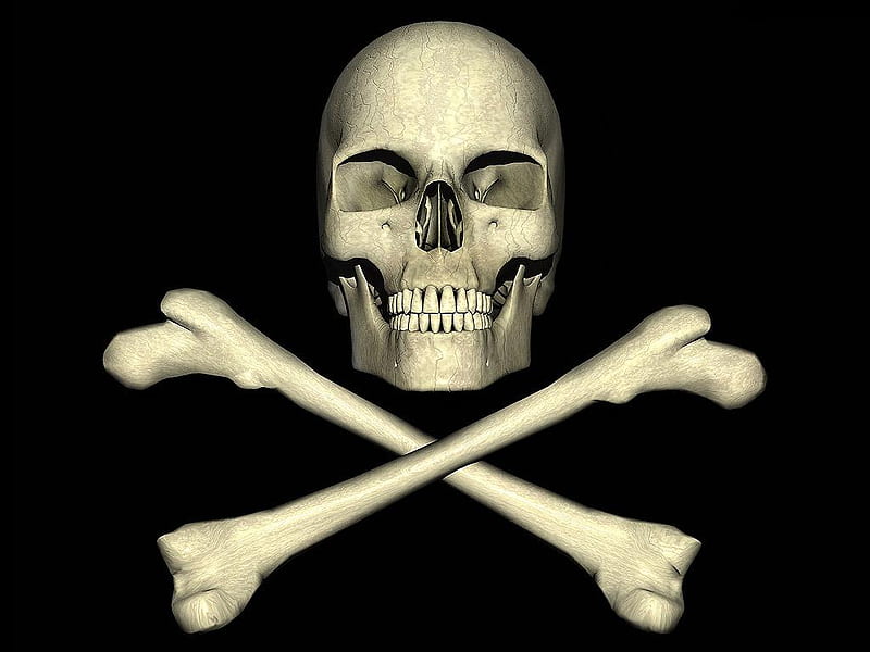 Skull and Crossbones, 3d, black background, bones, skull, crossbones, HD wallpaper