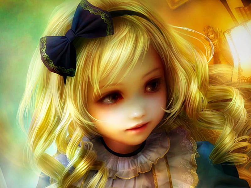 Alice, art, black, blonde, bow, cute, fantasy, girl, Alice Notion, Shu, face, HD wallpaper