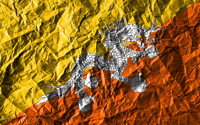 Bhutan flag crumpled paper, Asian countries, creative, Flag of Bhutan, national symbols, Asia, Bhutan 3D flag, Bhutan, HD wallpaper