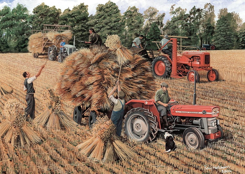 Harvesting, painting, tractors, straw, workers, artwork, field, HD wallpaper