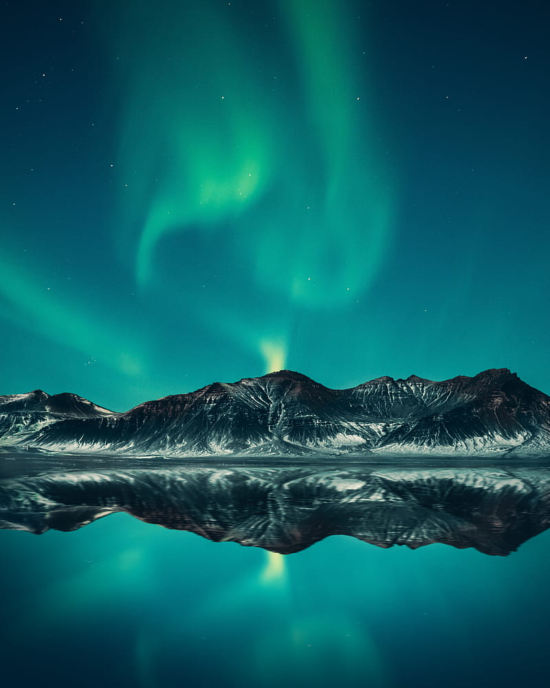 northern lights, mountains, lake, night, landscape, HD phone wallpaper
