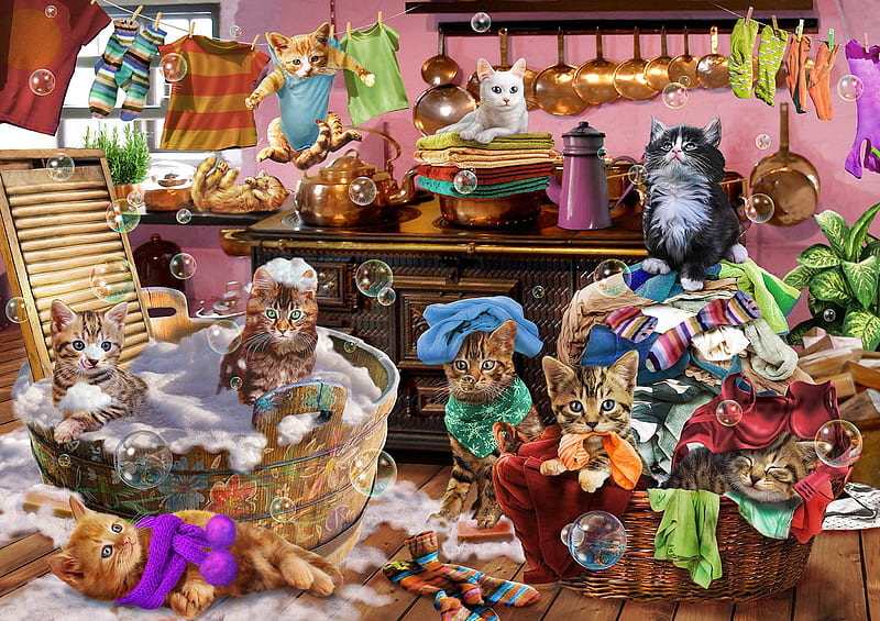 Washing Day, laundry, painting, washbowl, kitten, cats, artwork, HD wallpaper