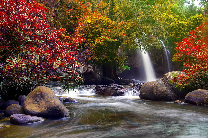 Park in Thailand, fall, Asia, autumn, stones, Thailand, waterfall, park, bonito, forest, HD wallpaper