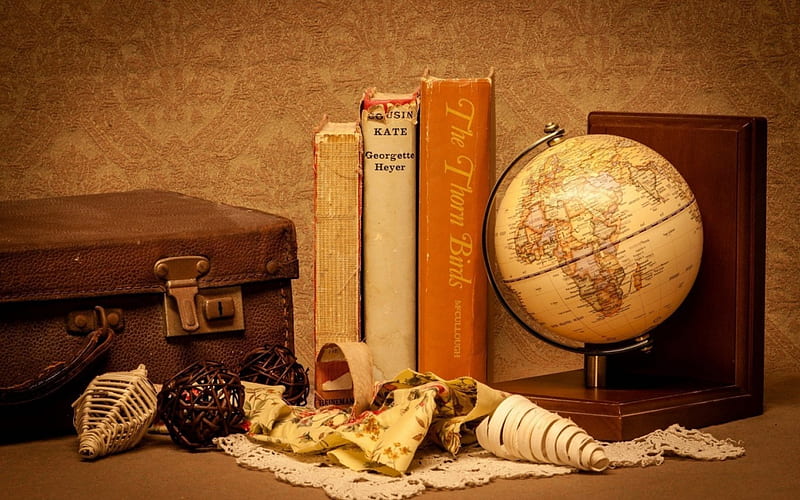 Books, globe..., globe, world, books, brown, book, old, suitcase, HD wallpaper