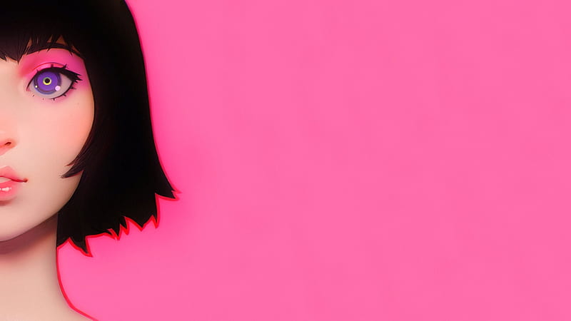 realistic anime girl, half face, short hair, pink background, Anime, HD wallpaper