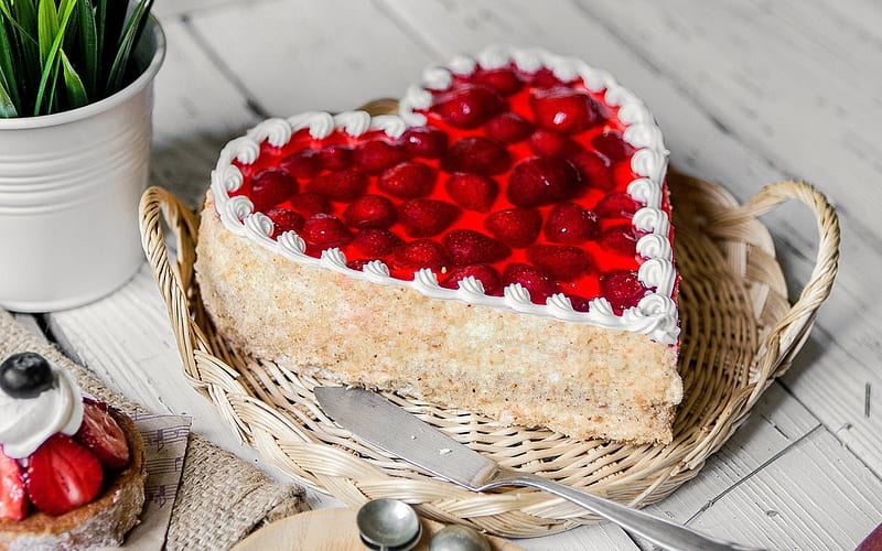 heart cake, dessert, cake, cake with strawberries, HD wallpaper