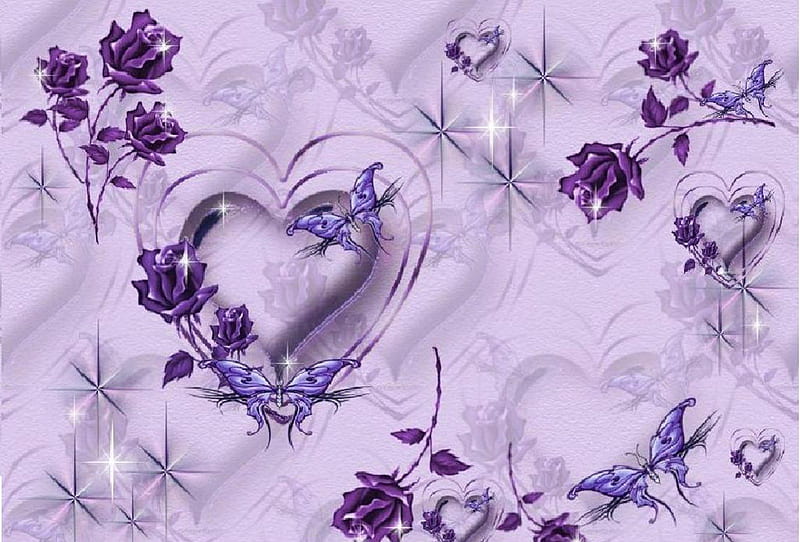 Purple Passion, Purple, Butterflies, Flowers, corazones, HD wallpaper