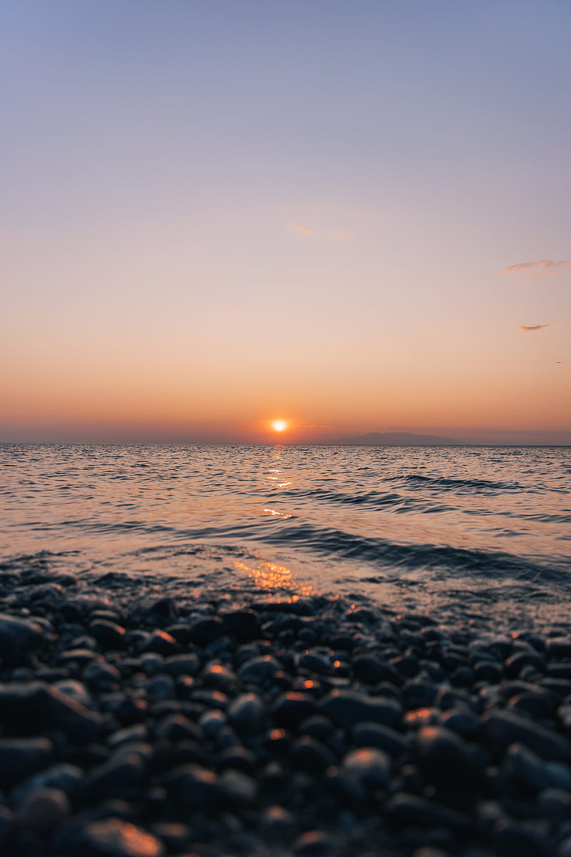 sunset, sea, beach, waves, water, sun, dusk, HD phone wallpaper