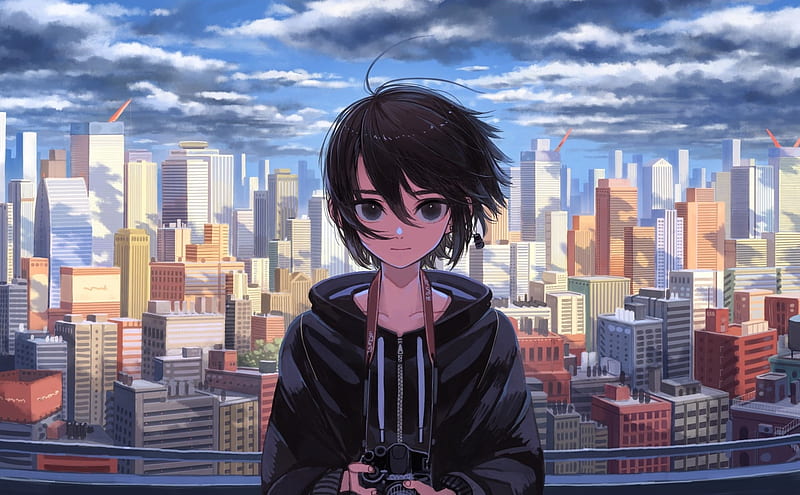 Paisaje urbano de anime, edificios, chico, cámara, nubes, escénico, anime,  Fondo de pantalla HD | Peakpx