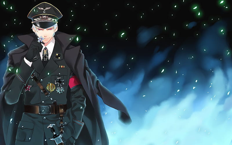 Axis Powers : Hetalia, outfit, guerra, evil, badges, jacket, belt, awesome, military, prussia, cross, sword, blue, HD wallpaper