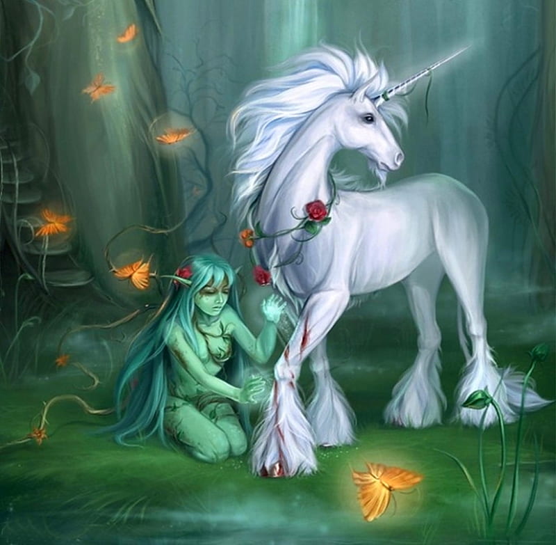 Unicorn in dark forest, rose, fairytale, bonito, lights, elfs, splendor, color, flowers, fairy, forest, unicorn, colors, butterflies, horse, dark, white, fable, HD wallpaper