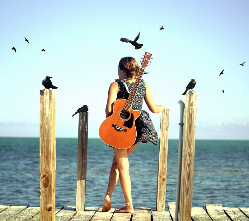 Acoustic Guitar, guitar, sea, HD wallpaper