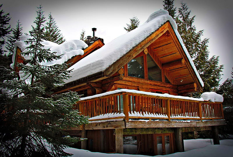 Log cabin, pretty, house, cottage, cabin, bonito, snowy, cold, mountain ...