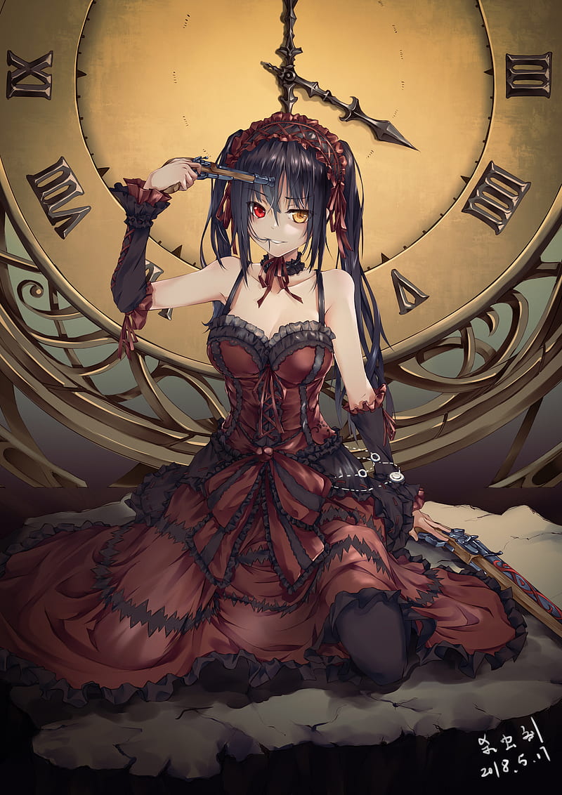 Date A Live, anime girls, thighs, long hair, black hair, pantyhose, gothic lolita, girls with guns, cleavage, 2D, smiling, Tokisaki Kurumi, twintails, no bra, looking at viewer, heterochromia, clocks, red eyes, vertical, fan art, hair in face, hair over one eye, revolvers, HD phone wallpaper