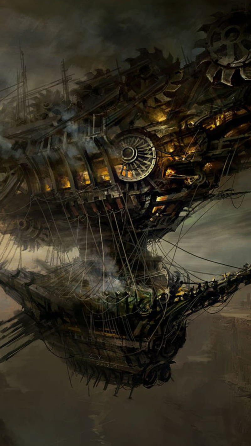 Steampunk ship, airship, boat, dark, flying, rowing, ship, steam punk, steampunk, technology, vikings, HD phone wallpaper