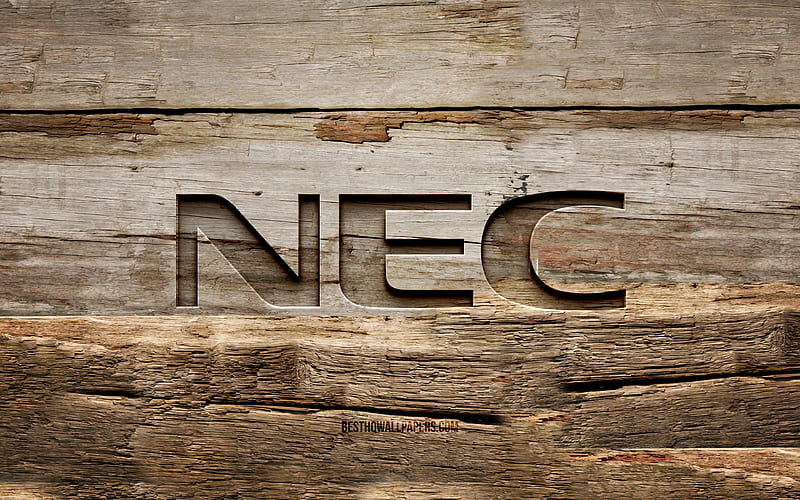 NEC wooden logo wooden backgrounds, brands, NEC logo, creative, wood carving, NEC, HD wallpaper