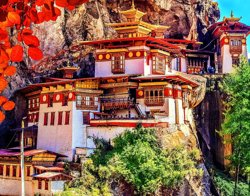 Taktshang, Bhutan, building, house, mountains, nature, cloister, trees, HD wallpaper