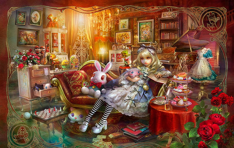 Alice Library, rose, girl, alice, shu little bit, shu, bunny, red, luminos, book, fantasy, library, HD wallpaper