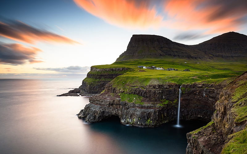 Mulafossur Waterfall, coast, Vagar Island, village, sea, Faroe Islands, HD wallpaper