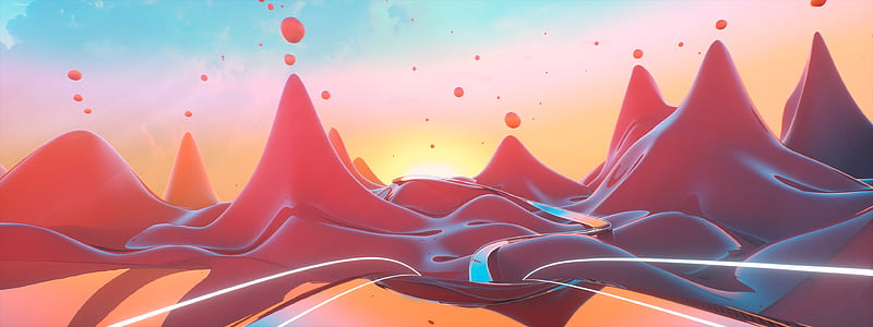 3d landscape, mountains, sunset, fluid, roads, 3D, HD wallpaper