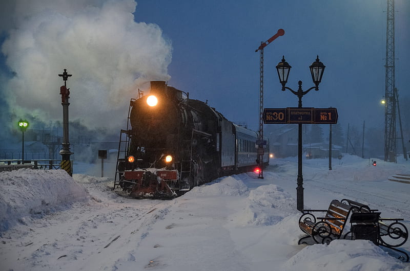 Vehicles, Train, Night, Snow, Winter, HD wallpaper