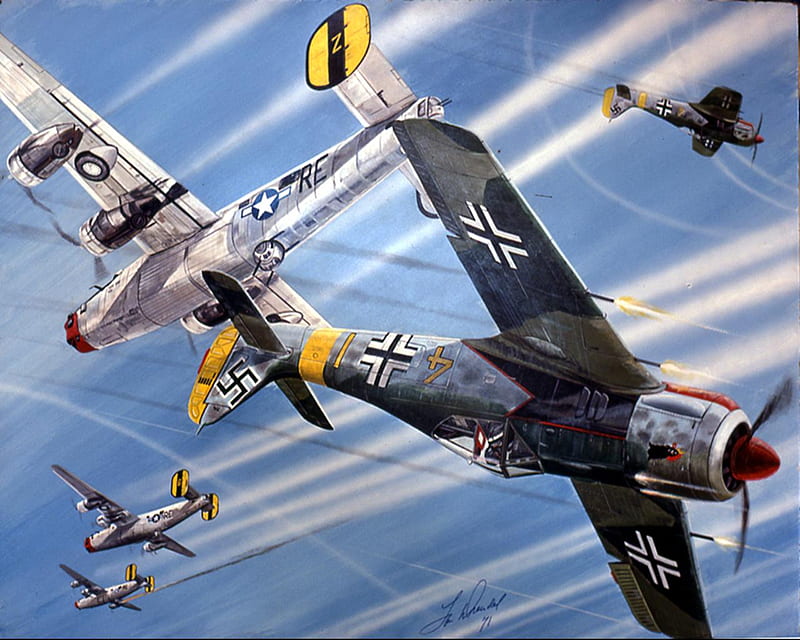 Quick Strike, b-24, liberator, art, ww2, 190, b24, wulf, focke, plane, wwii, painting, wf190, bomber, consolidated, HD wallpaper