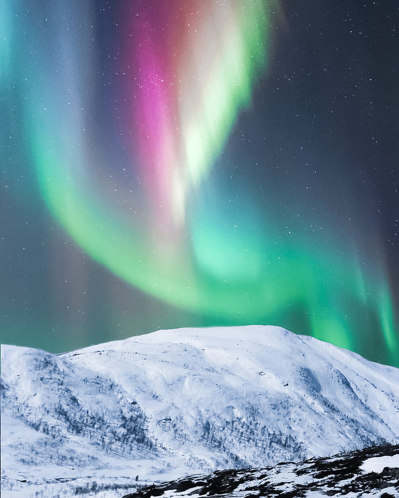 Colorful polar lights over snowy mountain, HD phone wallpaper