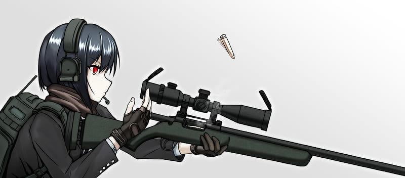 anime girl, sniper, headphones, profile view, microphone, soldier, Anime, HD wallpaper