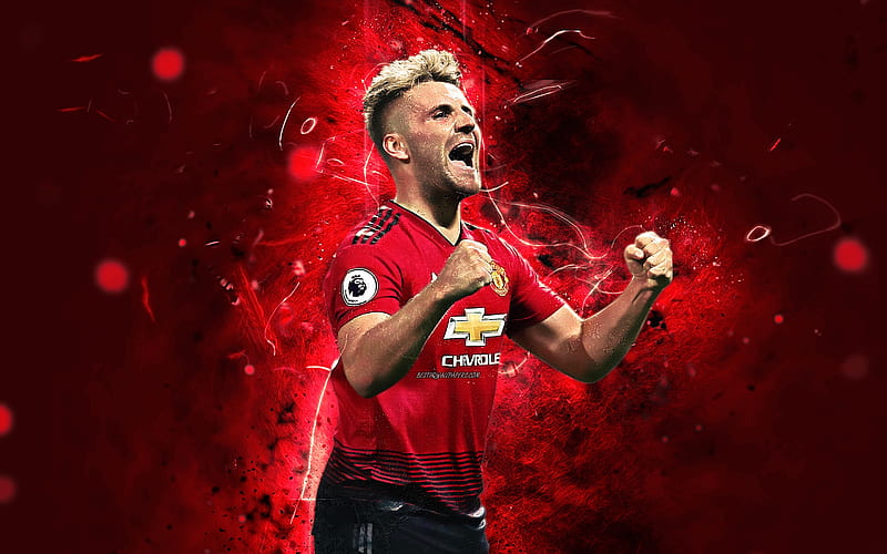 Luke Shaw, goal, Manchester United FC, English footballers, neon lights, Premier League, Shaw, soccer, football, Man United, HD wallpaper