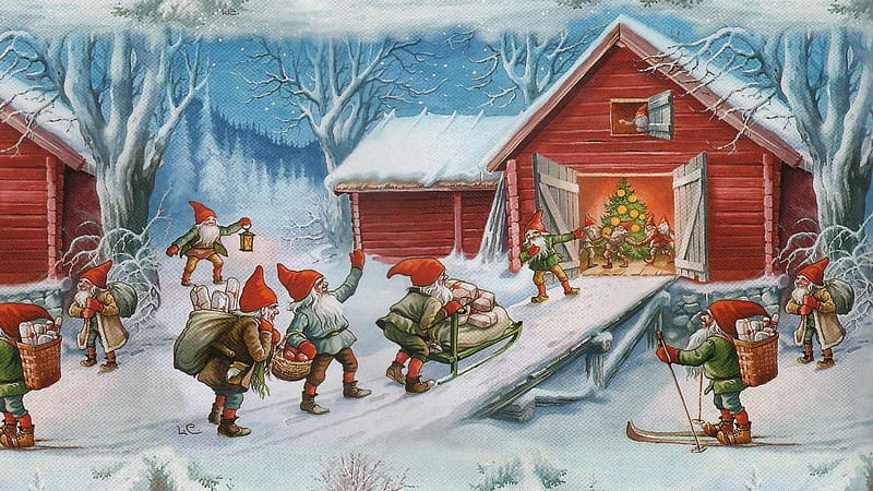 Santa's helpers, santa, craciun, christmas, elf, painting, pictura, art, red, gnome, dwarf, HD wallpaper