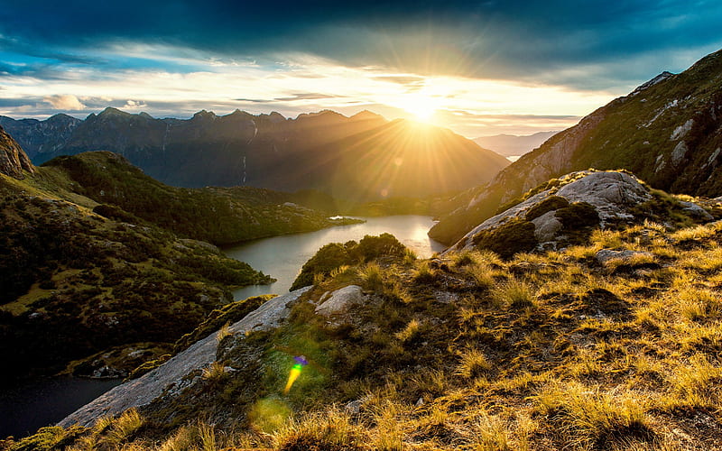 Fiordland Sunrise, sun, sky, clouds, sunrays, water, splendor, sunligts, rays, mountains, New Zealand, nature, sunrise, landscape, HD wallpaper