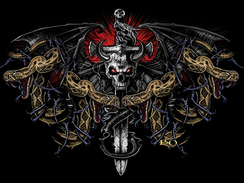 Skull and snake, black, dark, gothic, rock, skull, skulls, snake, tattoo, witch, HD wallpaper