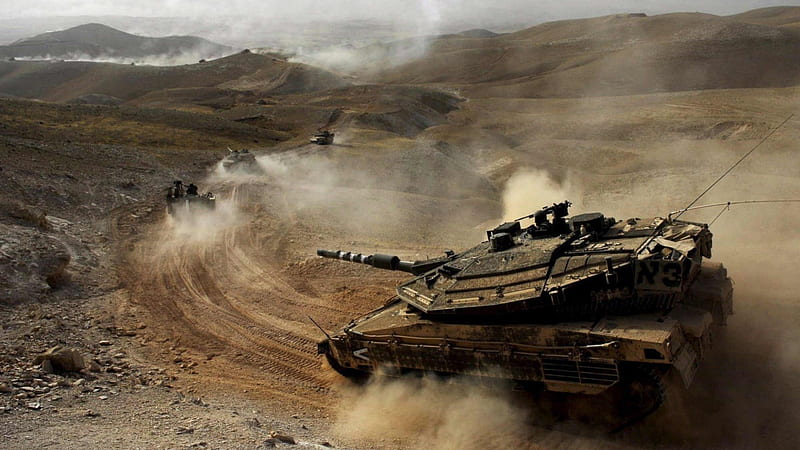 israeli merkava battle tanks on the move, tanks, dust, desrt, formation, HD wallpaper