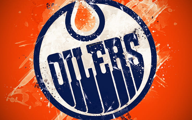 Edmonton Oilers grunge art, Canadian hockey club, logo, orange background, creative art, emblem, NHL, Edmonton, Alberta, Canada, USA, hockey, Western Conference, National Hockey League, paint art, HD wallpaper