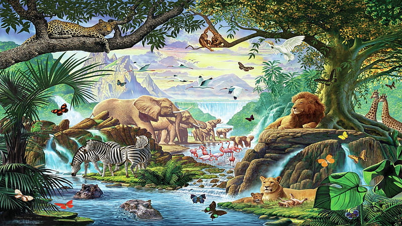 African Wildlife, Zebra, Africa, Giraffe, Lion, Mountain, Hippo, Art, Birds, Jungle, Elephant, Painting, Waterfall, Leopard, Monkey, HD wallpaper