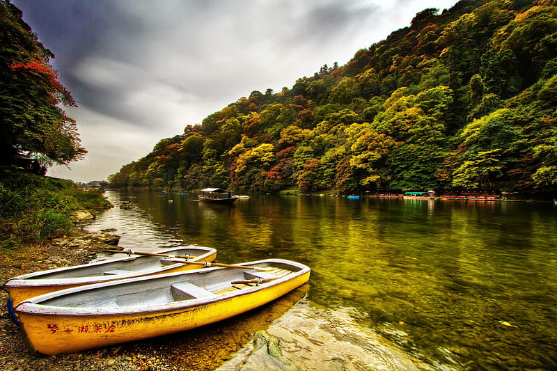 Two boats, forest, gray sky, trees, a river boat, two coast, HD wallpaper