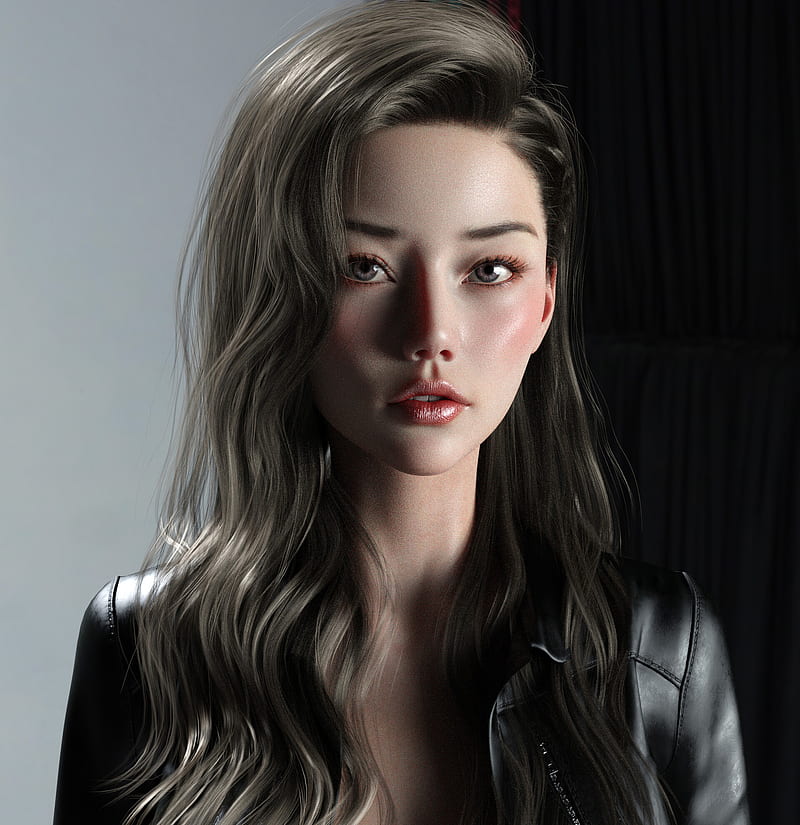 Chen Wang, CGI, women, Asian, brunette, portrait, leather jackets, HD phone wallpaper
