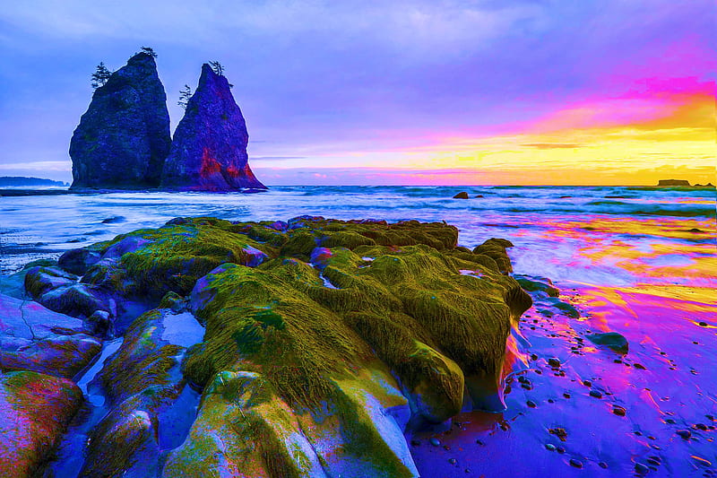Rialto Beach, Washington, clouds, sky, sea, rocks, usa, colors, HD wallpaper