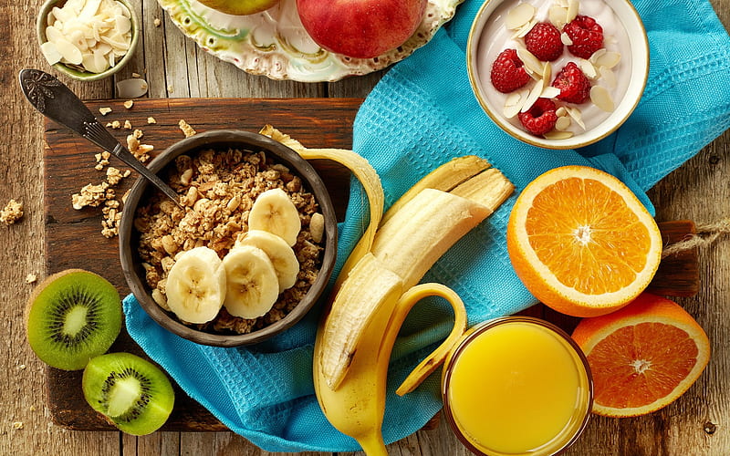 Healthy food, concepts, breakfast, oatmeal, cereal, fruit, banana, orange, yogurt, HD wallpaper